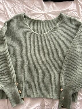 Light Sage Ribbed V-Neck Sweater with Button Cuffs